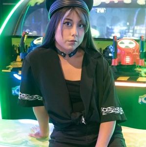 Vintage Black Men's Shirt size M with White Embroidered Design, Made in Korea